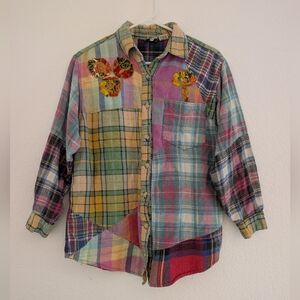 VINTAGE Plaid Embroidered Patchwork Flannel Shirt Medium